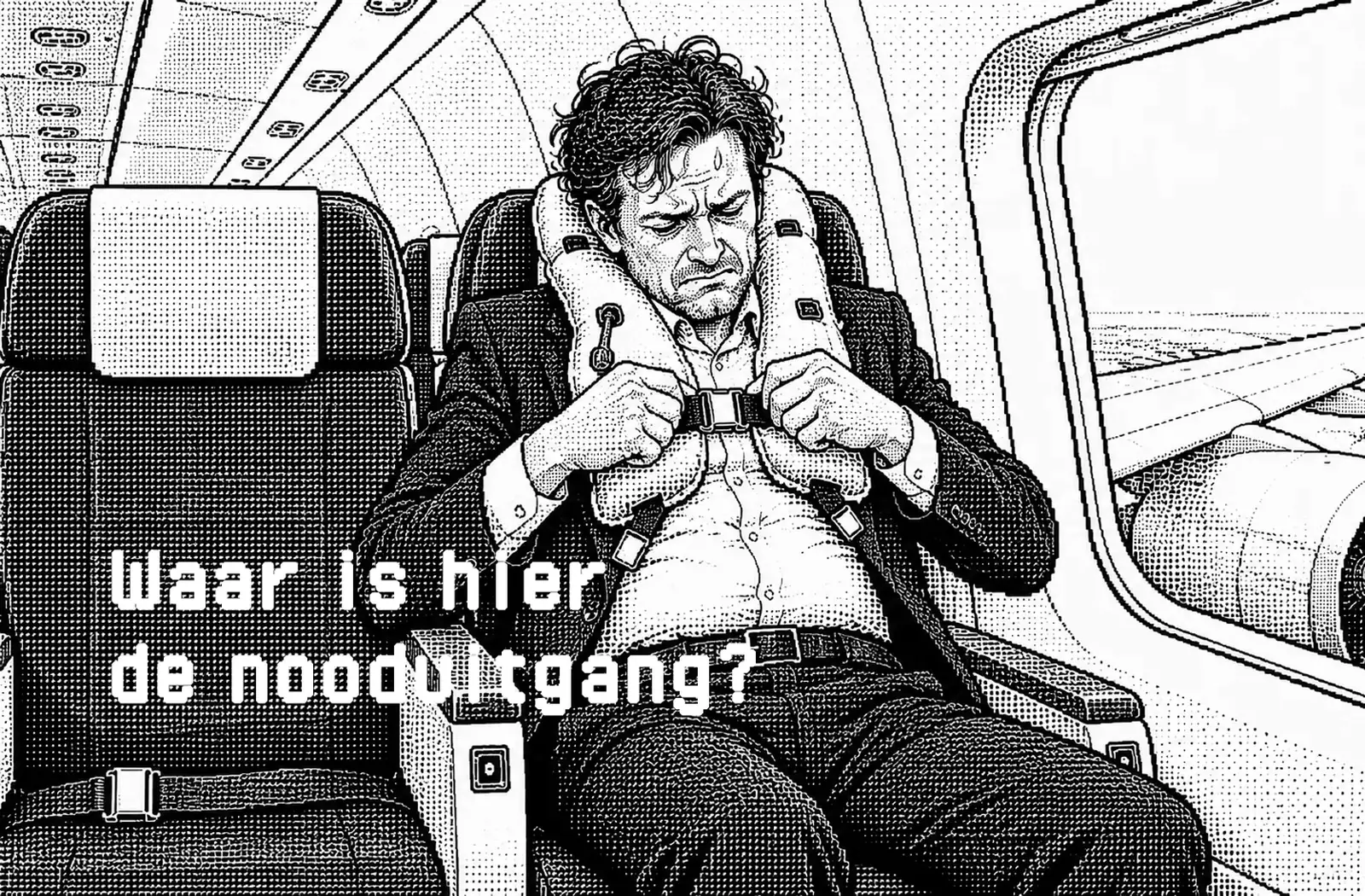 Black and white illustration: a man in an aeroplane seat struggles with the buckle of his inflated life jacket. The Dutch text on the image reads: Where is the emergency exit?